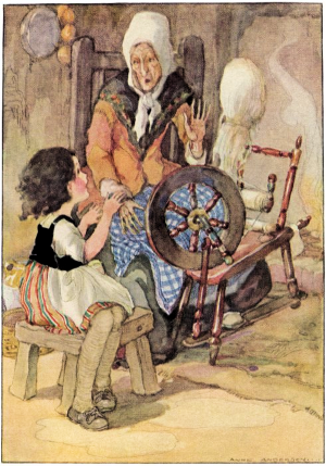 The grandmother gave such a start of alarm that she nearly upset the spinning-wheel.