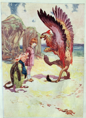 The  Mock turtle and the Gryphon began solemnly dancing round and round Alice.