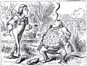 Father William balances an eel on his nose.