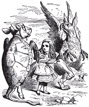 The Mock Turtle, and the Gryphon dance around Alice.