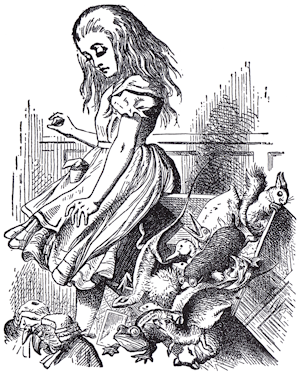 Alice tips over the Jury box.