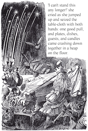 Alice pulls the table cloth